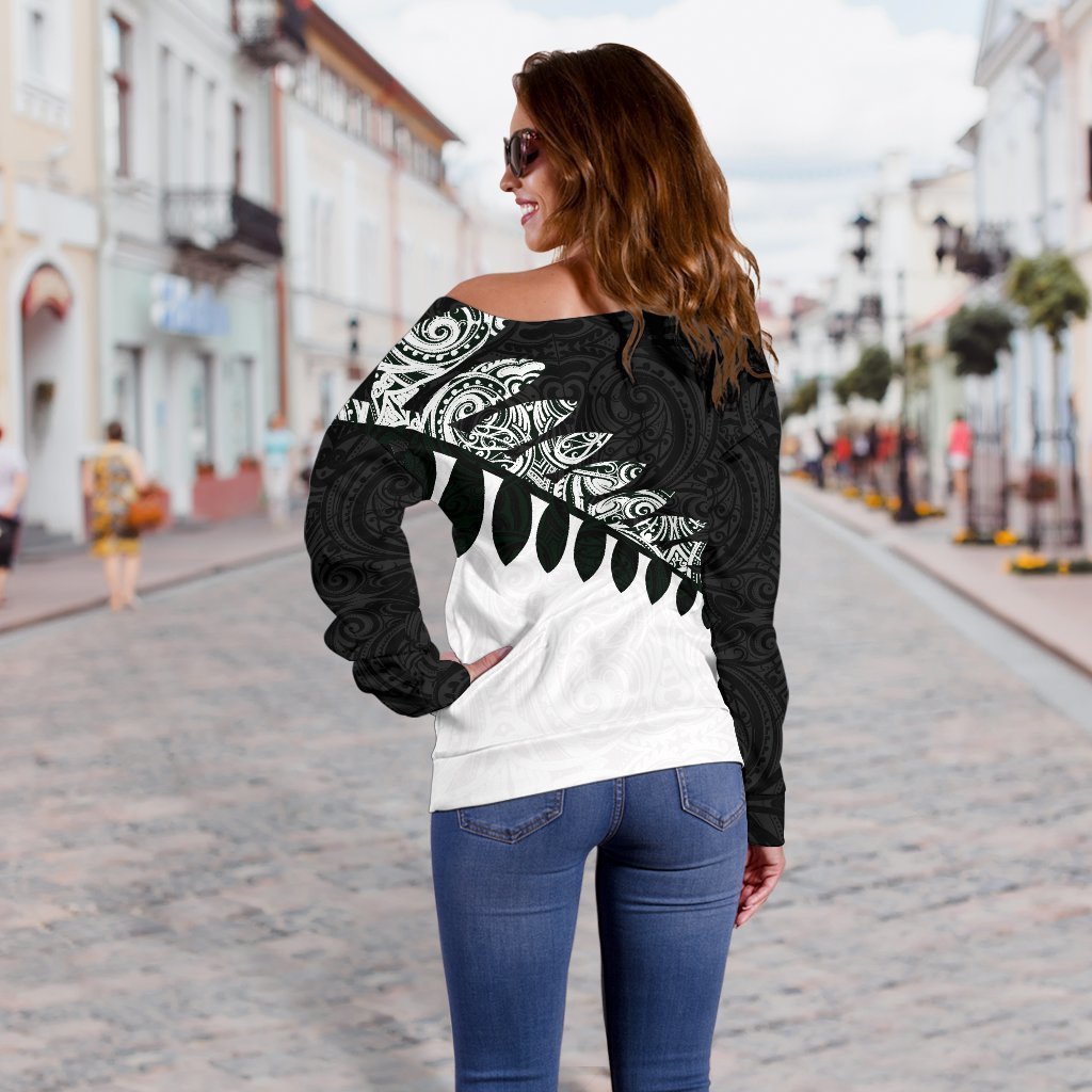 New Zealand Silver Fern Off Shoulder Sweater Black White K4-WOMENS OFF SHOULDER SWEATERS-HD09-Women's Off Shoulder Sweater - .-2XS-Vibe Cosy™
