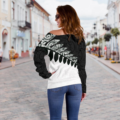 New Zealand Silver Fern Off Shoulder Sweater Black White K4-WOMENS OFF SHOULDER SWEATERS-HD09-Women's Off Shoulder Sweater - .-2XS-Vibe Cosy™