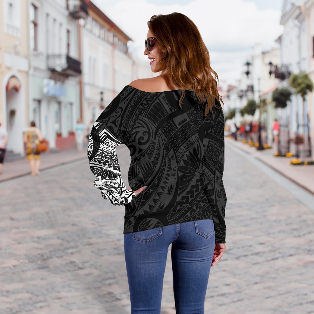 Maori Tattoo Style Off Shoulder Sweater - Golden Version A74-WOMENS OFF SHOULDER SWEATERS-HD09-Women's Off Shoulder Sweater - .-2XS-Vibe Cosy™