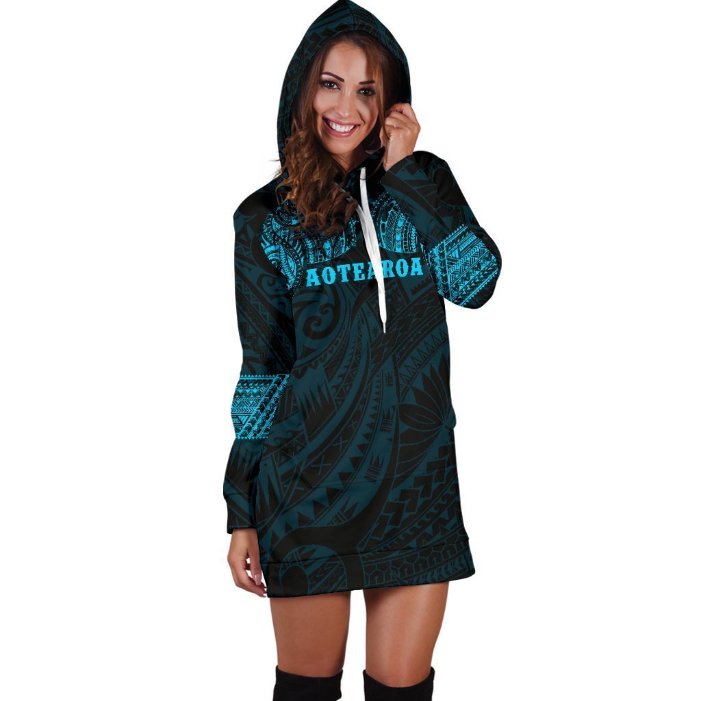 Aotearoa Maori Tattoo Hoodie Dress Blue K4-Apparel-HD09-Hoodie Dress-S-Vibe Cosy™