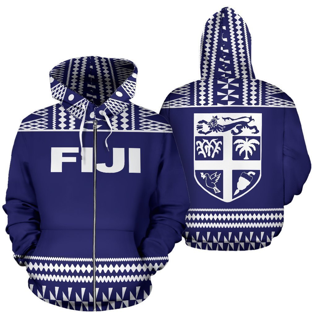 Fiji Tapa All Over Zip-Up Hoodie - Blue And White Version - BN09-Apparel-Khanh Arts-Zipped Hoodie-S-Vibe Cosy™