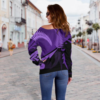 New Zealand Silver Fern Off Shoulder Sweater Purple-WOMENS OFF SHOULDER SWEATERS-HD09-Women's Off Shoulder Sweater - .-2XS-Vibe Cosy™