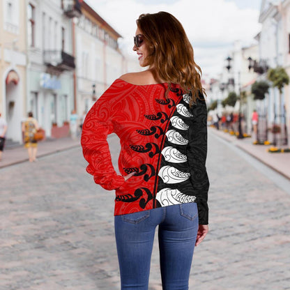 Aotearoa Silver Fern Koru Style Off Shoulder Sweater Red K4-WOMENS OFF SHOULDER SWEATERS-HD09-Women's Off Shoulder Sweater - .-2XS-Vibe Cosy™