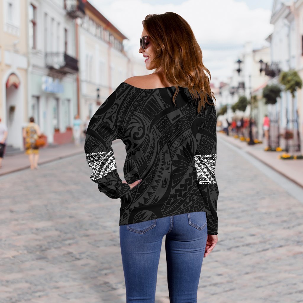 Aotearoa Maori Tattoo Off Shoulder Sweater White K4-WOMENS OFF SHOULDER SWEATERS-HD09-Women's Off Shoulder Sweater - .-2XS-Vibe Cosy™