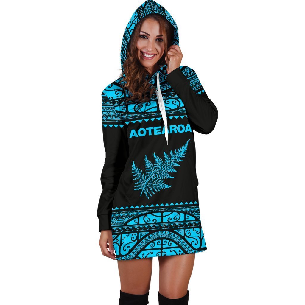 Aotearoa Silver Fern Hoodie Dress Blue-Apparel-HD09-Hoodie Dress-S-Vibe Cosy™