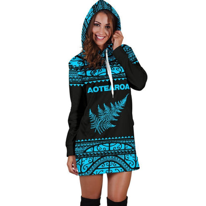 Aotearoa Silver Fern Hoodie Dress Blue-Apparel-HD09-Hoodie Dress-S-Vibe Cosy™