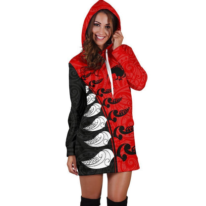 Aotearoa Silver Fern Koru Style Hoodie Dress Red K4-Apparel-HD09-Hoodie Dress-S-Vibe Cosy™