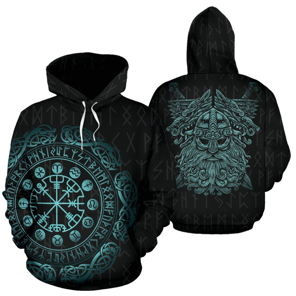 Viking Hoodie - Mighty Odin And The Compass Of Element Hoodie TH7-ALL OVER PRINT HOODIES (P)-HP Arts-Hoodie - Black & Blue-S-Black & Blue-Vibe Cosy™