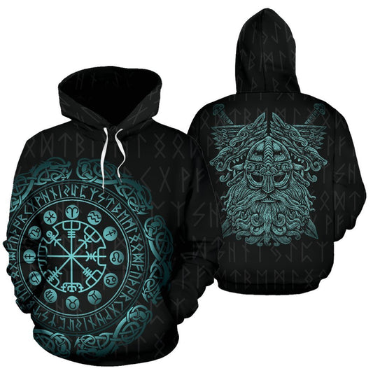 Viking Hoodie - Mighty Odin And The Compass Of Element Hoodie TH7-ALL OVER PRINT HOODIES (P)-HP Arts-Hoodie - Black & Blue-S-Black & Blue-Vibe Cosy™