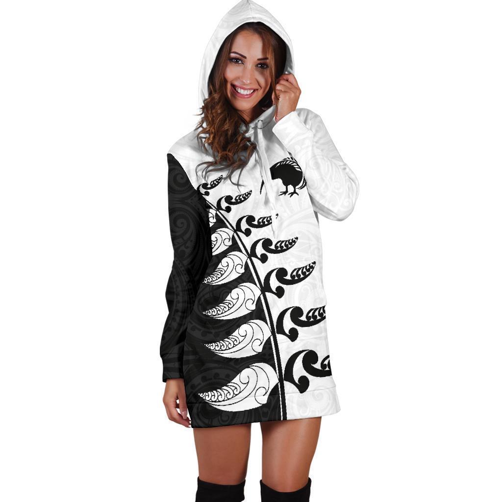 Aotearoa Silver Fern Koru Style Hoodie Dress Black White K4-Apparel-HD09-Hoodie Dress-S-Vibe Cosy™