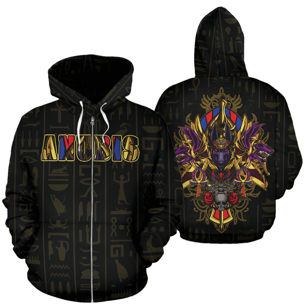 Egypt Zip-Up Hoodie - God Anubis-ALL OVER PRINT ZIP HOODIES-HPArt-Men-S-Black-Vibe Cosy™