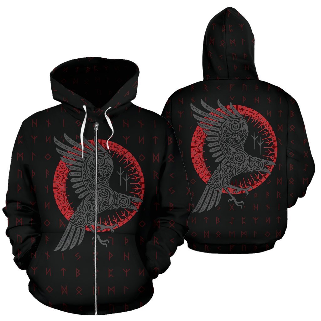 Viking Odin's Raven Old Runes Style Zip-Up Hoodie A7-ALL OVER PRINT ZIP HOODIES (P)-HP Arts-Zip-Up Hoodie-S-Black and Red-Vibe Cosy™