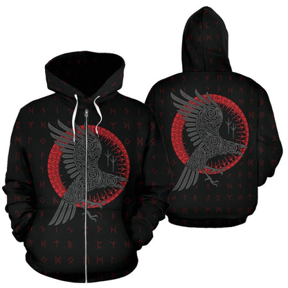 Viking Odin's Raven Old Runes Style Zip-Up Hoodie A7-ALL OVER PRINT ZIP HOODIES (P)-HP Arts-Zip-Up Hoodie-S-Black and Red-Vibe Cosy™
