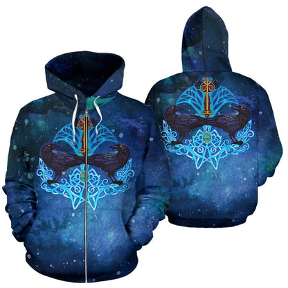 Viking Crow And Key Zip-Up Hoodie A7-ALL OVER PRINT ZIP HOODIES (P)-HP Arts-Zip-Up Hoodie-S-Blue-Vibe Cosy™