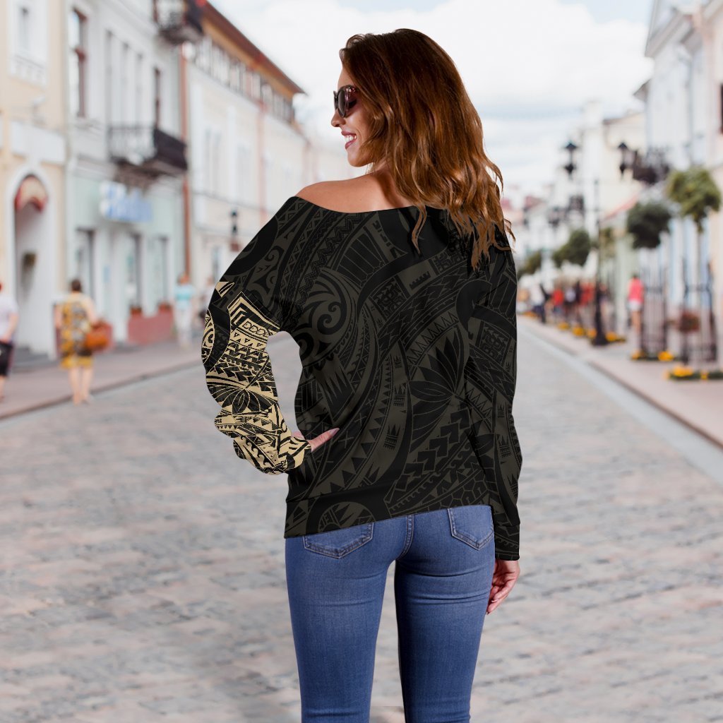 Maori Tattoo Style Off Shoulder Sweater - White Version A74-WOMENS OFF SHOULDER SWEATERS-HD09-Women's Off Shoulder Sweater - .-2XS-Vibe Cosy™