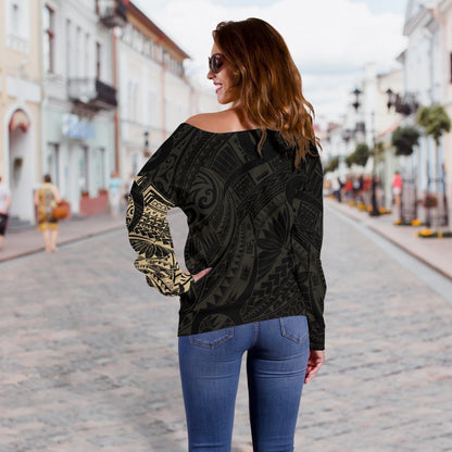 Maori Tattoo Style Off Shoulder Sweater - White Version A74-WOMENS OFF SHOULDER SWEATERS-HD09-Women's Off Shoulder Sweater - .-2XS-Vibe Cosy™
