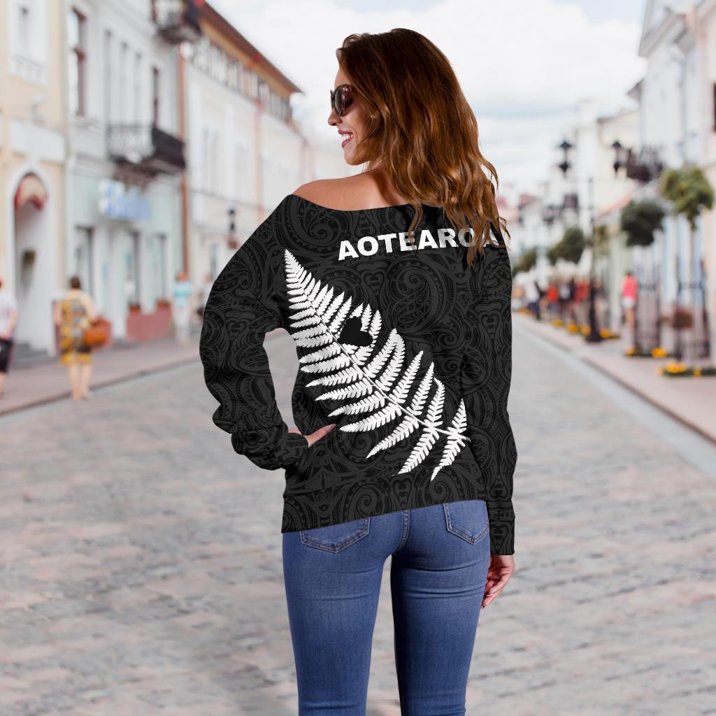 Maori Aotearoa Silver Fern - Heart Version Off Shoulder Sweater K2-WOMENS OFF SHOULDER SWEATERS-HD09-Women's Off Shoulder Sweater - .-2XS-Vibe Cosy™