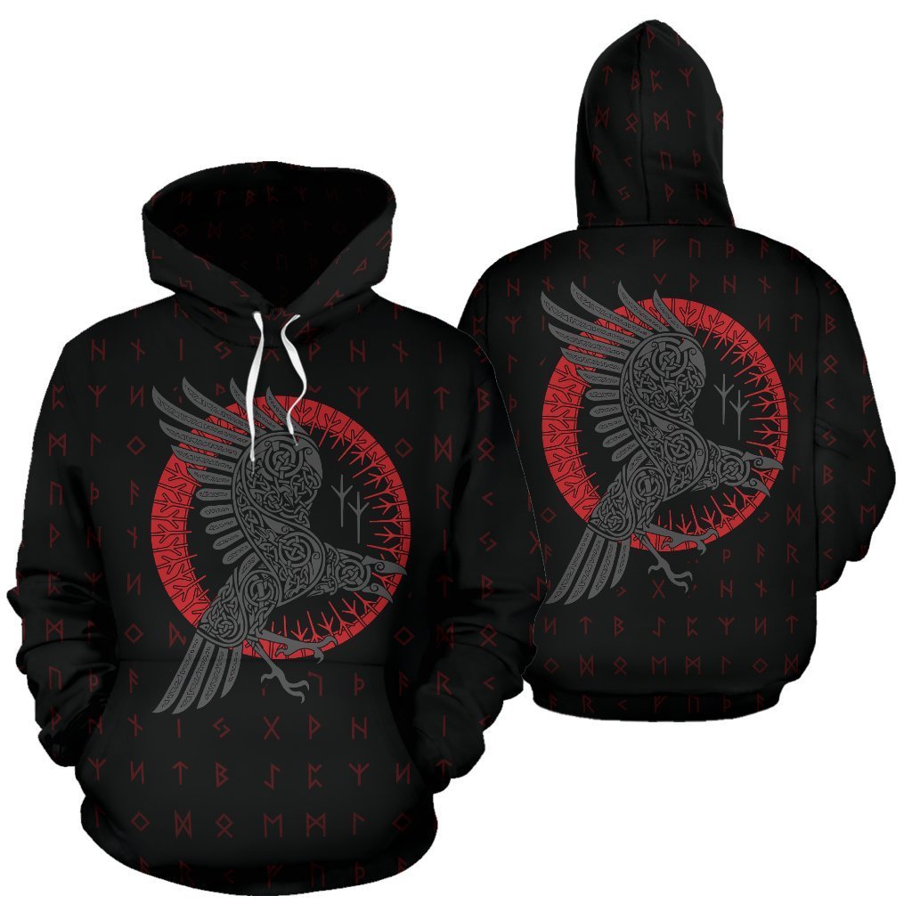 Viking Odin's Raven Old Runes Style Hoodie A7-ALL OVER PRINT HOODIES (P)-HP Arts-Hoodie-S-Black and Red-Vibe Cosy™