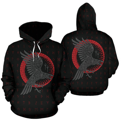 Viking Odin's Raven Old Runes Style Hoodie A7-ALL OVER PRINT HOODIES (P)-HP Arts-Hoodie-S-Black and Red-Vibe Cosy™
