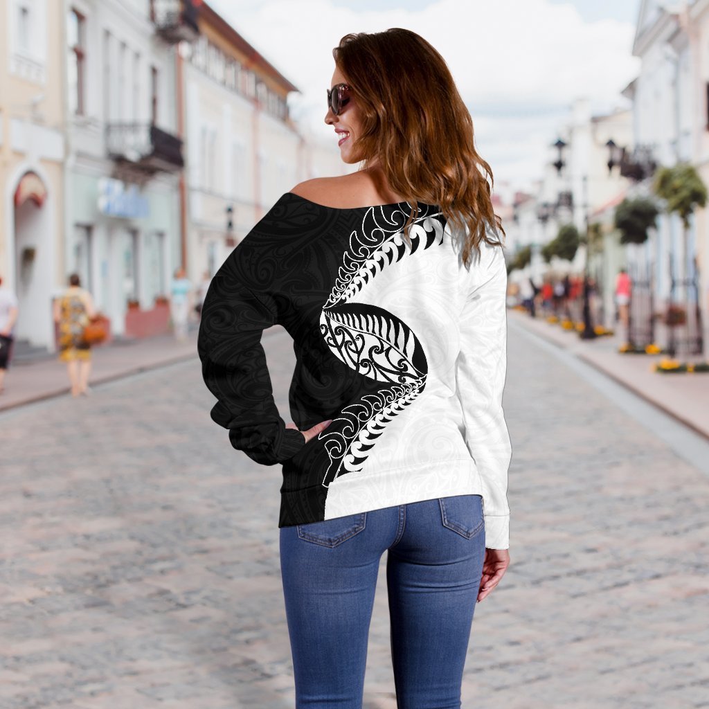 Aotearoa Rugby Fern Off Shoulder Sweater Black White K4-WOMENS OFF SHOULDER SWEATERS-HD09-Women's Off Shoulder Sweater - .-2XS-Vibe Cosy™