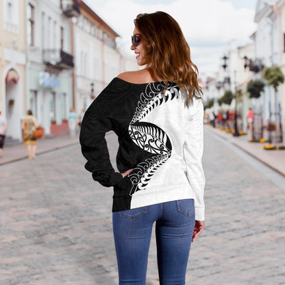Aotearoa Rugby Fern Off Shoulder Sweater Black White K4-WOMENS OFF SHOULDER SWEATERS-HD09-Women's Off Shoulder Sweater - .-2XS-Vibe Cosy™
