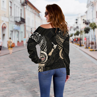 Maori Tattoo with Map New Zealand Off Shoulder Sweater K4-WOMENS OFF SHOULDER SWEATERS-HD09-Women's Off Shoulder Sweater - .-2XS-Vibe Cosy™