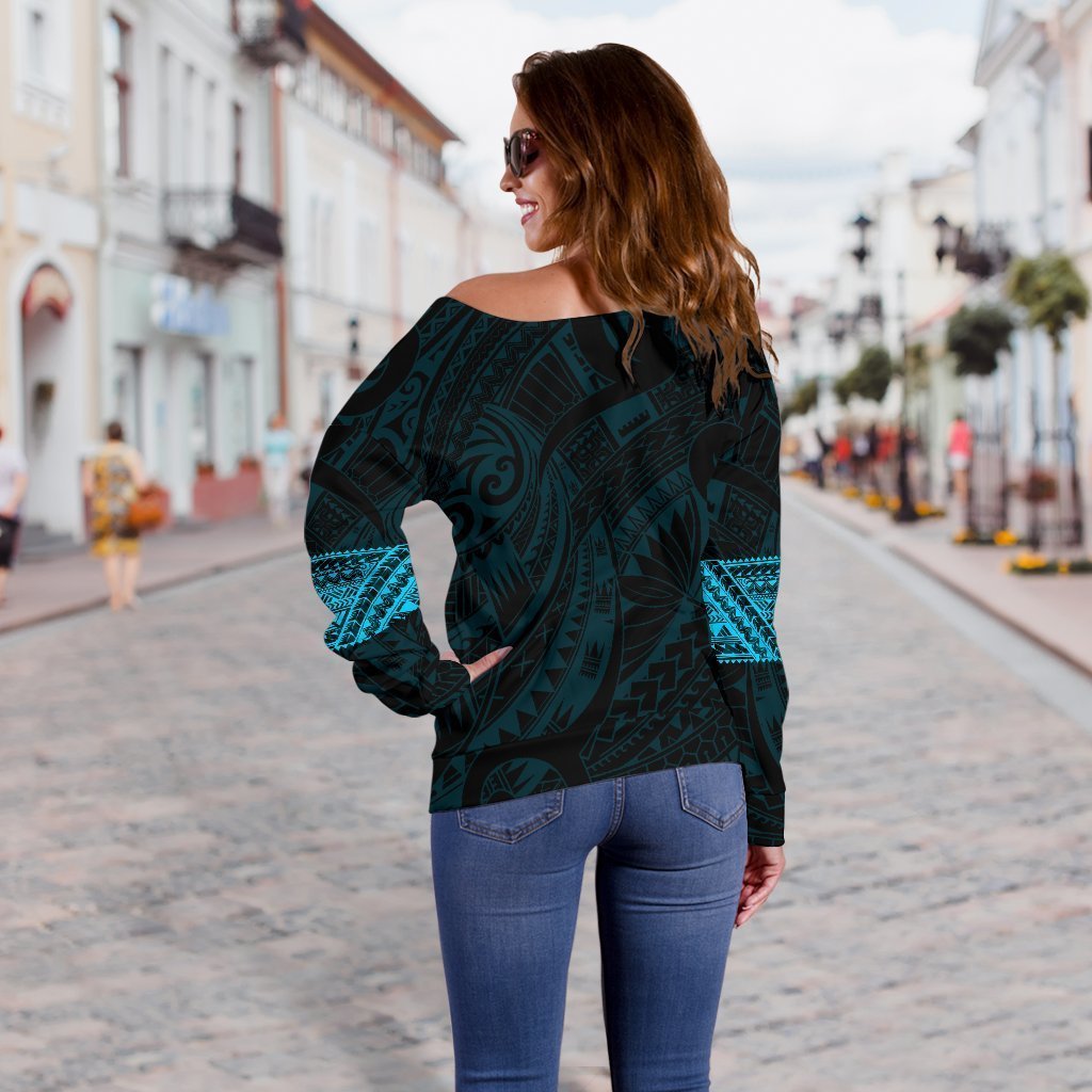 Aotearoa Maori Tattoo Off Shoulder Sweater Blue K4-WOMENS OFF SHOULDER SWEATERS-HD09-Women's Off Shoulder Sweater - .-2XS-Vibe Cosy™