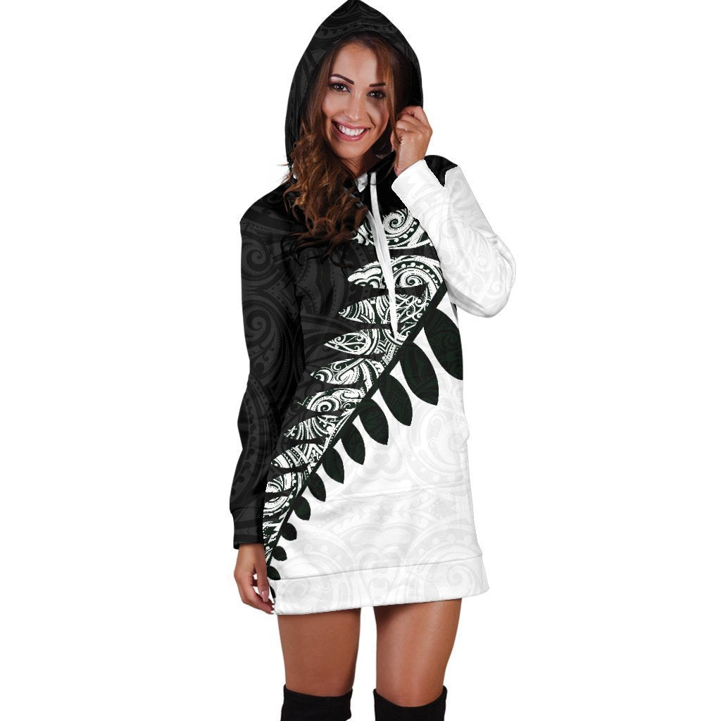 New Zealand Silver Fern Hoodie Dress Black White K4-Apparel-HD09-Hoodie Dress-S-Vibe Cosy™