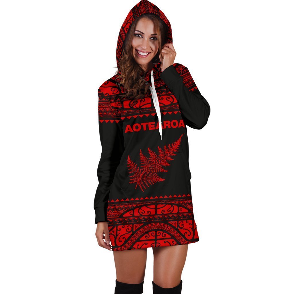 Aotearoa Silver Fern Hoodie Dress Red-Apparel-HD09-Hoodie Dress-S-Vibe Cosy™