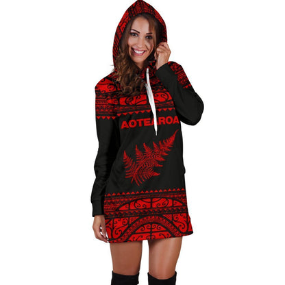 Aotearoa Silver Fern Hoodie Dress Red-Apparel-HD09-Hoodie Dress-S-Vibe Cosy™