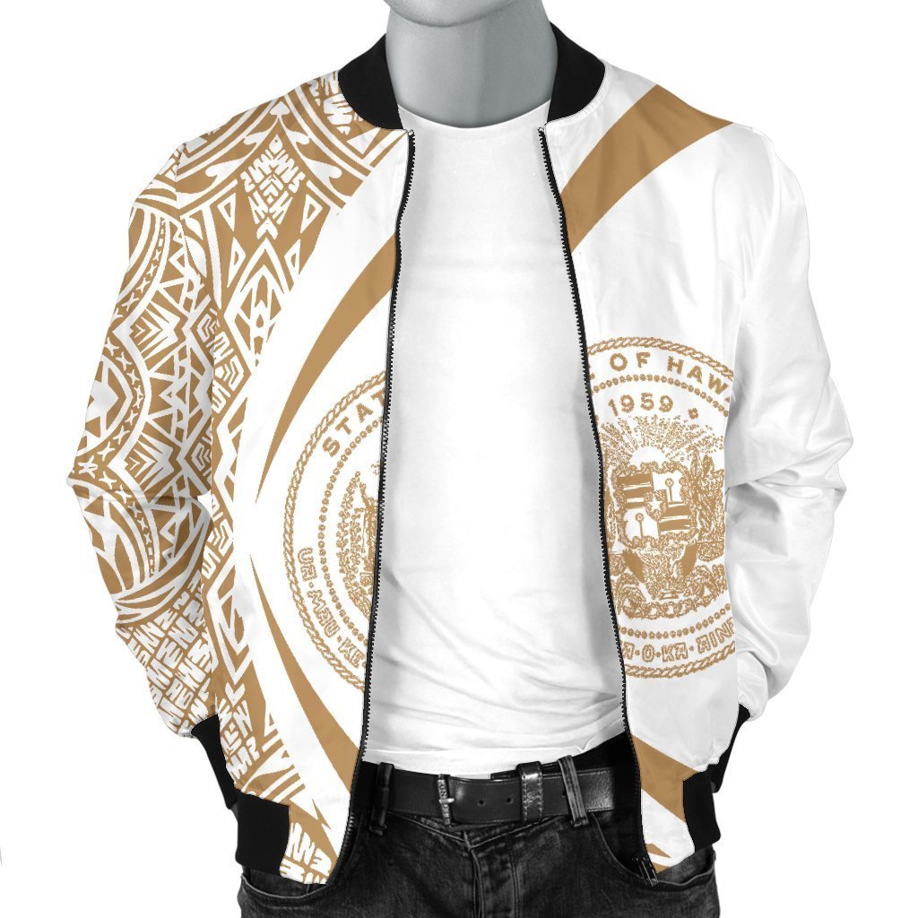 Hawaii Coat Of Arm Polynesian Men's Bomber Jacket - PL04-BOMBER JACKETS (P)-PL8386-Men's Bomber Jacket-S-White-Vibe Cosy™
