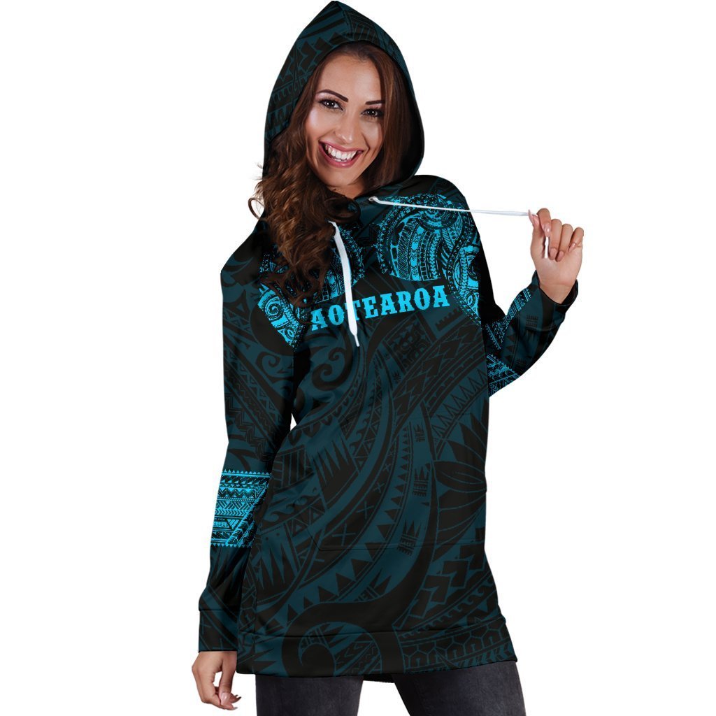 Aotearoa Maori Tattoo Hoodie Dress Blue K4-Apparel-HD09-Hoodie Dress-S-Vibe Cosy™