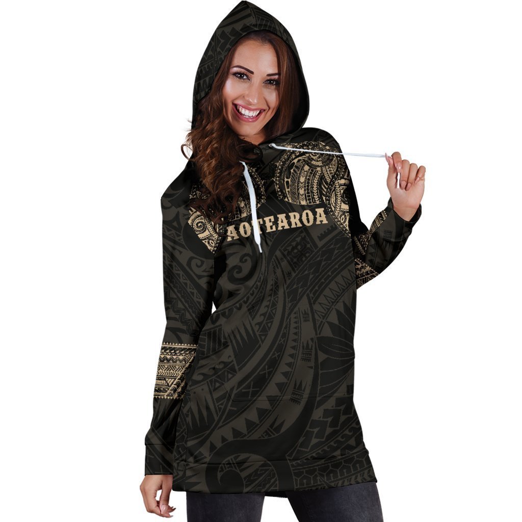 Aotearoa Maori Tattoo Hoodie Dress Gold K4-Apparel-HD09-Hoodie Dress-S-Vibe Cosy™