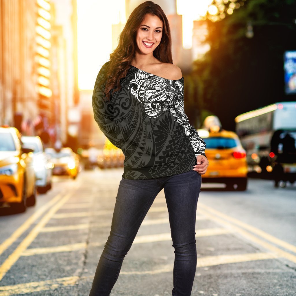 Maori Tattoo Style Off Shoulder Sweater - Golden Version A74-WOMENS OFF SHOULDER SWEATERS-HD09-Women's Off Shoulder Sweater - .-2XS-Vibe Cosy™