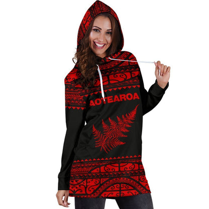 Aotearoa Silver Fern Hoodie Dress Red-Apparel-HD09-Hoodie Dress-S-Vibe Cosy™