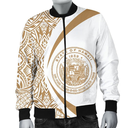 Hawaii Coat Of Arm Polynesian Men's Bomber Jacket - PL04-BOMBER JACKETS (P)-PL8386-Men's Bomber Jacket-S-White-Vibe Cosy™