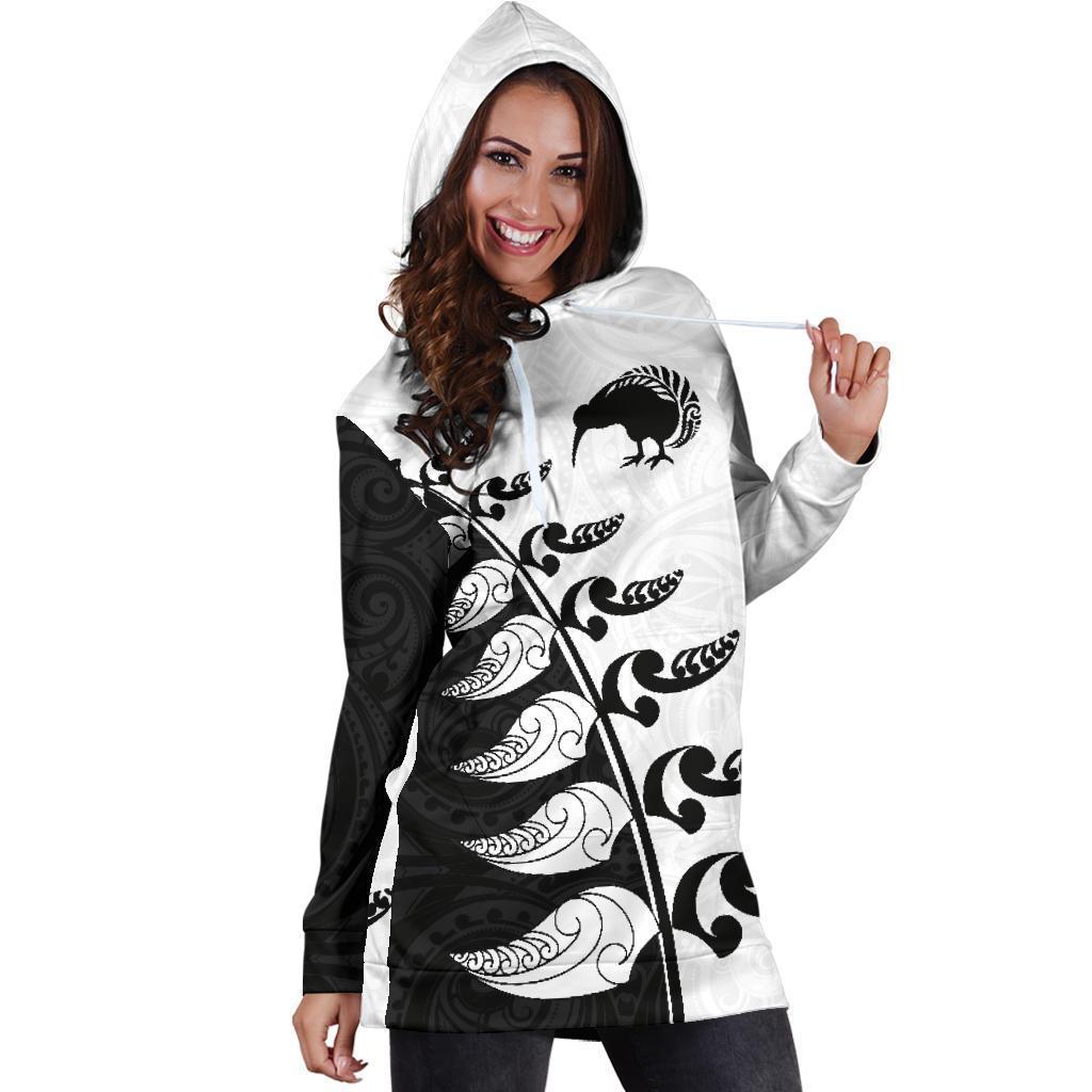 Aotearoa Silver Fern Koru Style Hoodie Dress Black White K4-Apparel-HD09-Hoodie Dress-S-Vibe Cosy™