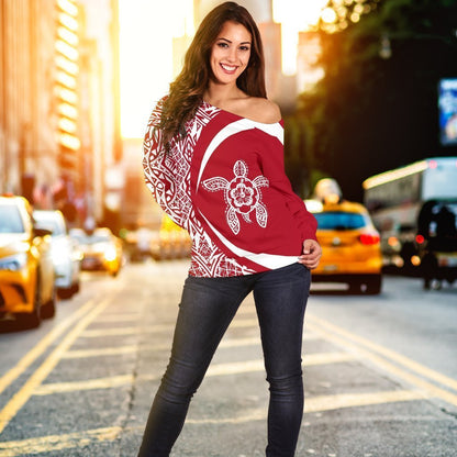 Hawaii Turtle Polynesian Women's Off Shoulder Sweater - Circle Style - AH - Red J9-WOMENS OFF SHOULDER SWEATERS-Phaethon-Women's Off Shoulder Sweater-2XS-White-Vibe Cosy™