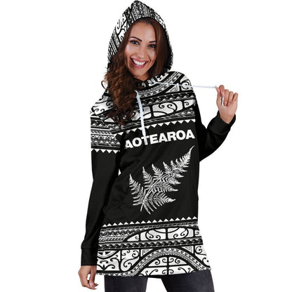 Aotearoa Silver Fern Hoodie Dress White-Apparel-HD09-Hoodie Dress-S-Vibe Cosy™