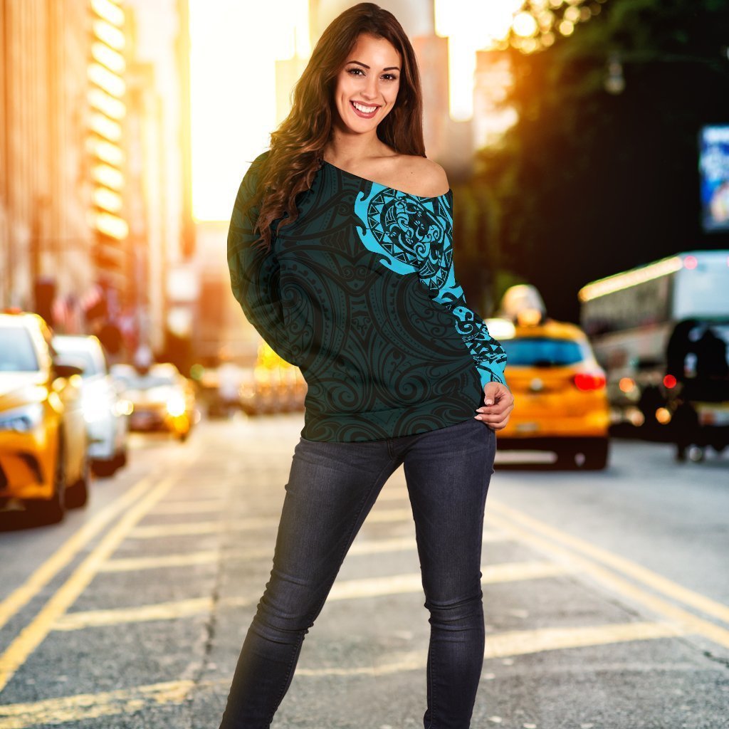 Maori Tangaroa New Zealand Off Shoulder Sweater - Blue A7-WOMENS OFF SHOULDER SWEATERS-HD09-Women's Off Shoulder Sweater - .-2XS-Vibe Cosy™
