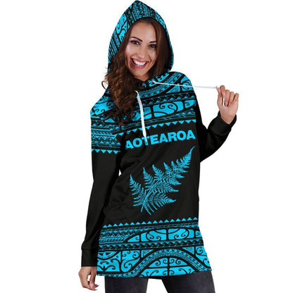 Aotearoa Silver Fern Hoodie Dress Blue-Apparel-HD09-Hoodie Dress-S-Vibe Cosy™