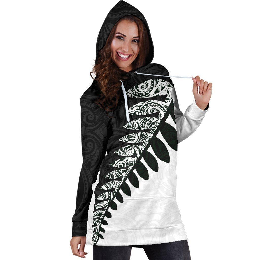 New Zealand Silver Fern Hoodie Dress Black White K4-Apparel-HD09-Hoodie Dress-S-Vibe Cosy™