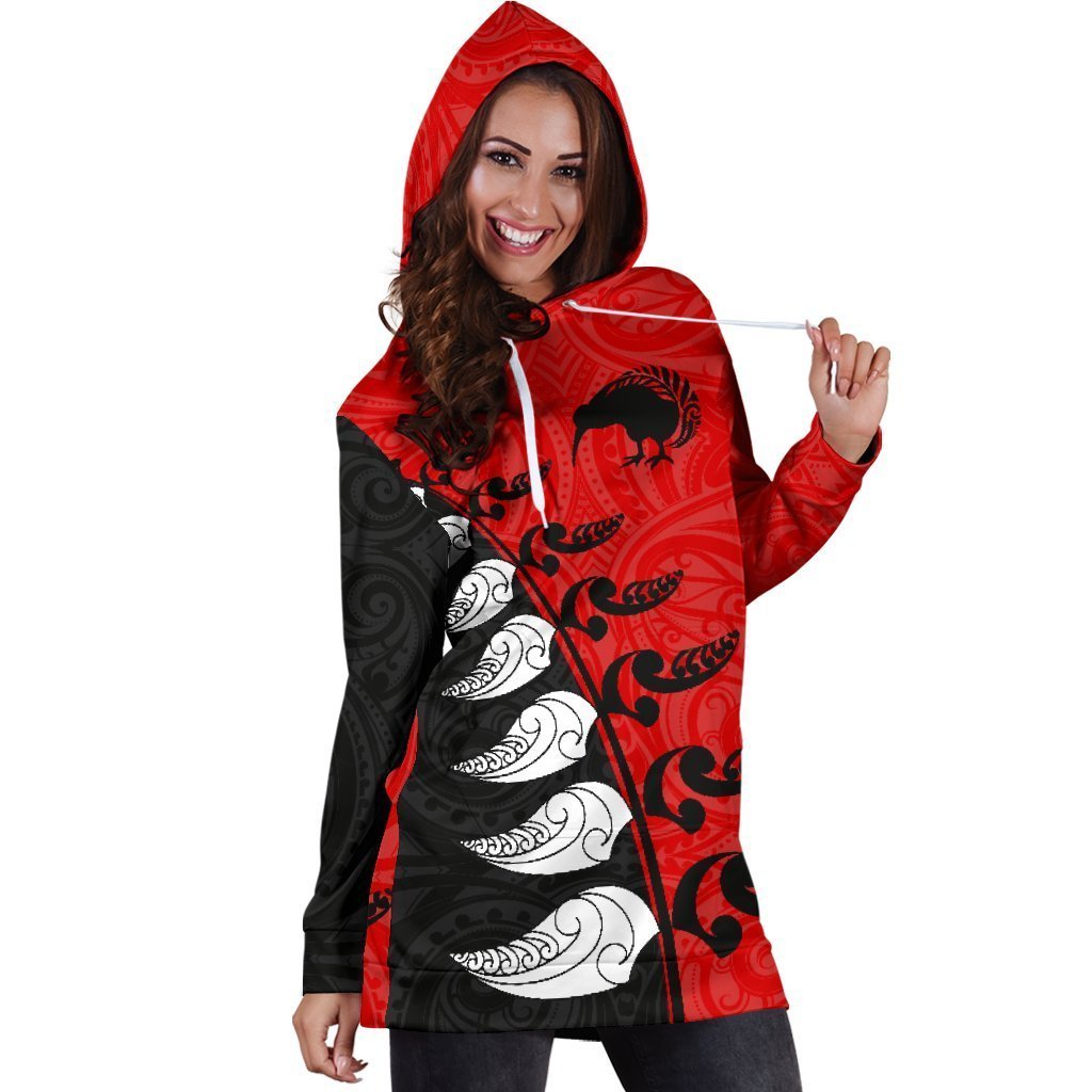 Aotearoa Silver Fern Koru Style Hoodie Dress Red K4-Apparel-HD09-Hoodie Dress-S-Vibe Cosy™