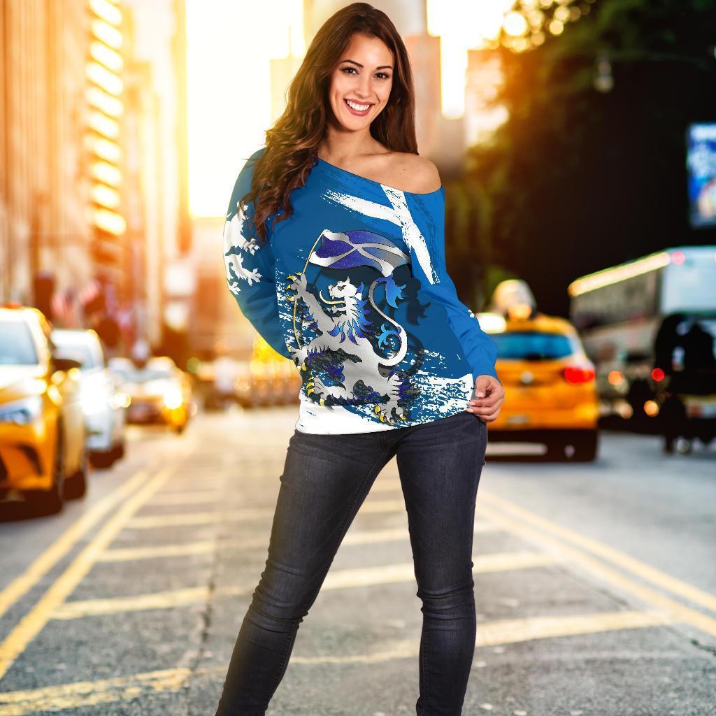 Scottish Rampant Lion Holding The Flag Off Shoulder Sweater-WOMENS OFF SHOULDER SWEATERS-HD09-Women's Off Shoulder Sweater - .-2XS-Vibe Cosy™