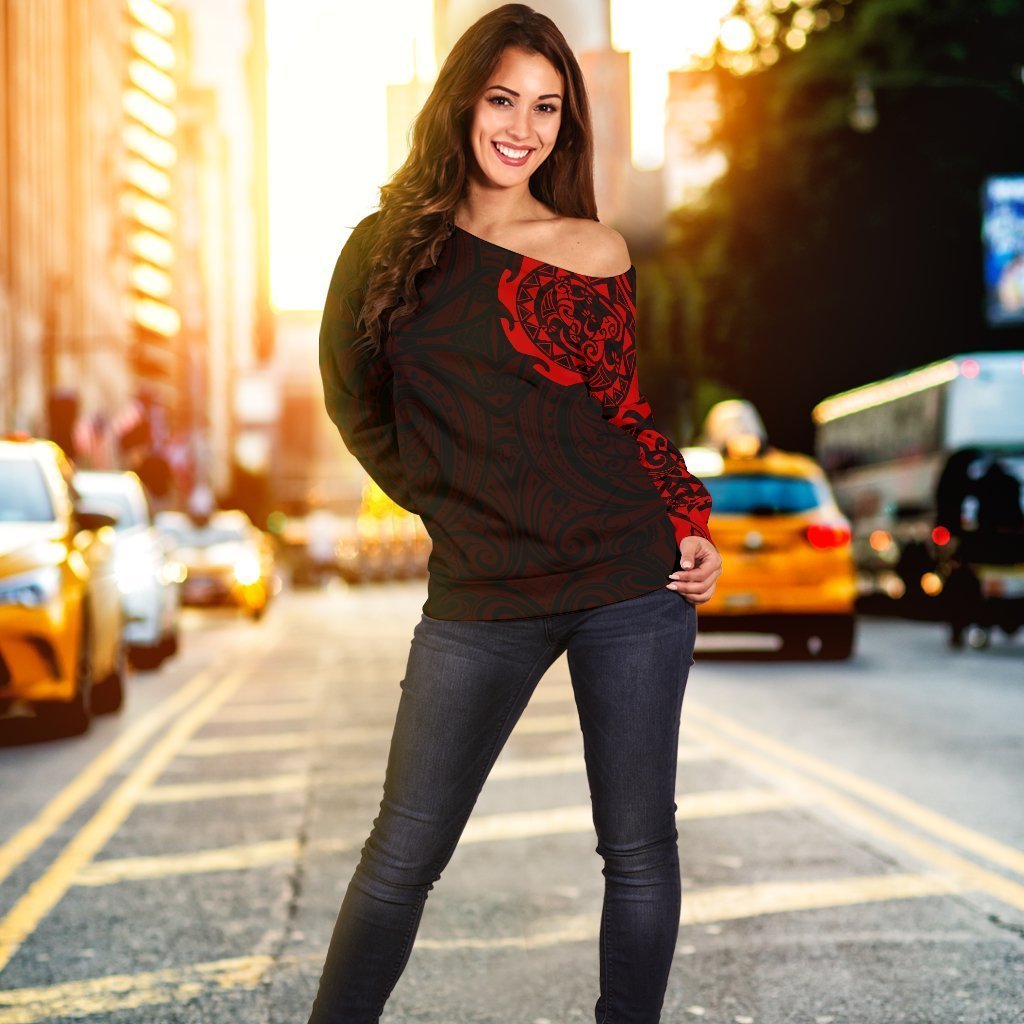 Maori Tangaroa New Zealand Off Shoulder Sweater - Red A7-WOMENS OFF SHOULDER SWEATERS-HD09-Women's Off Shoulder Sweater - .-2XS-Vibe Cosy™