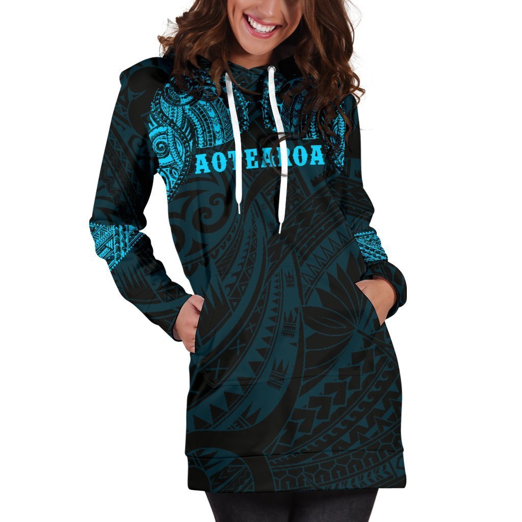 Aotearoa Maori Tattoo Hoodie Dress Blue K4-Apparel-HD09-Hoodie Dress-S-Vibe Cosy™