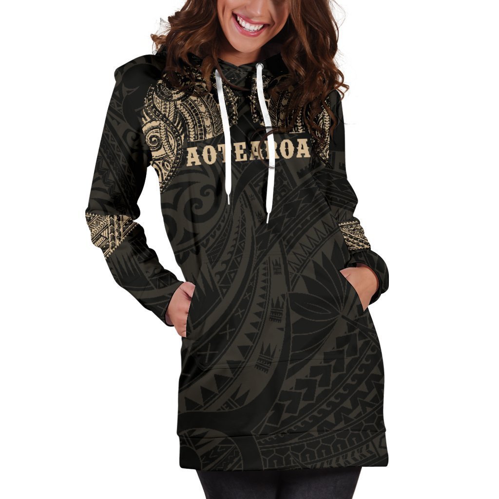 Aotearoa Maori Tattoo Hoodie Dress Gold K4-Apparel-HD09-Hoodie Dress-S-Vibe Cosy™