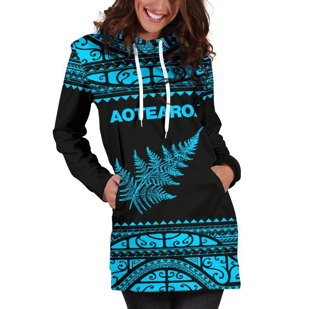 Aotearoa Silver Fern Hoodie Dress Blue-Apparel-HD09-Hoodie Dress-S-Vibe Cosy™