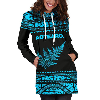 Aotearoa Silver Fern Hoodie Dress Blue-Apparel-HD09-Hoodie Dress-S-Vibe Cosy™