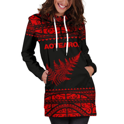 Aotearoa Silver Fern Hoodie Dress Red-Apparel-HD09-Hoodie Dress-S-Vibe Cosy™
